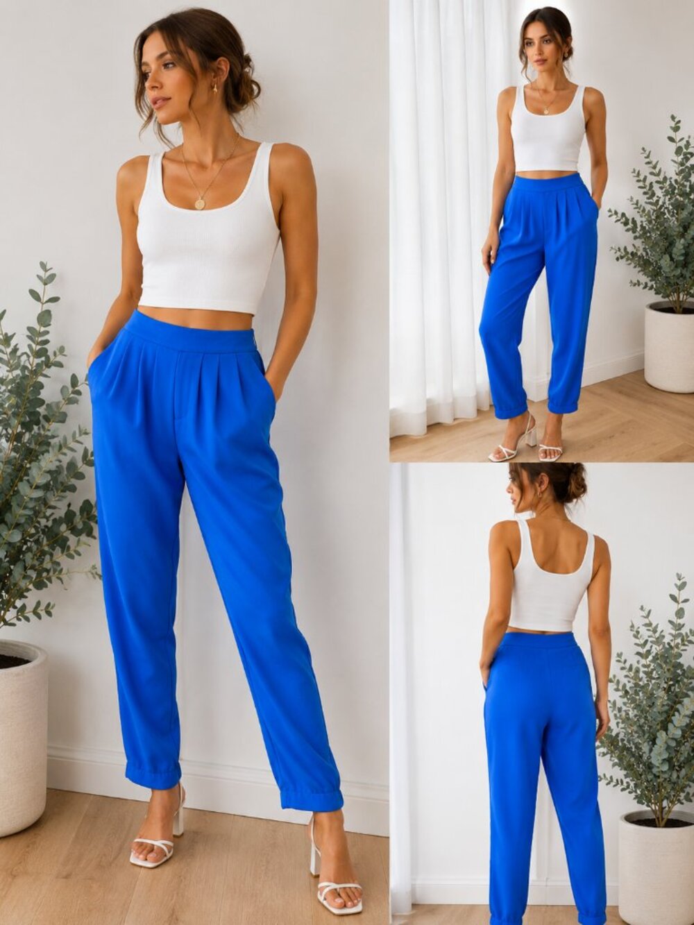 Blue Pleated Tapered Trousers High Waist Minimalist Pants XS Bel Kazan